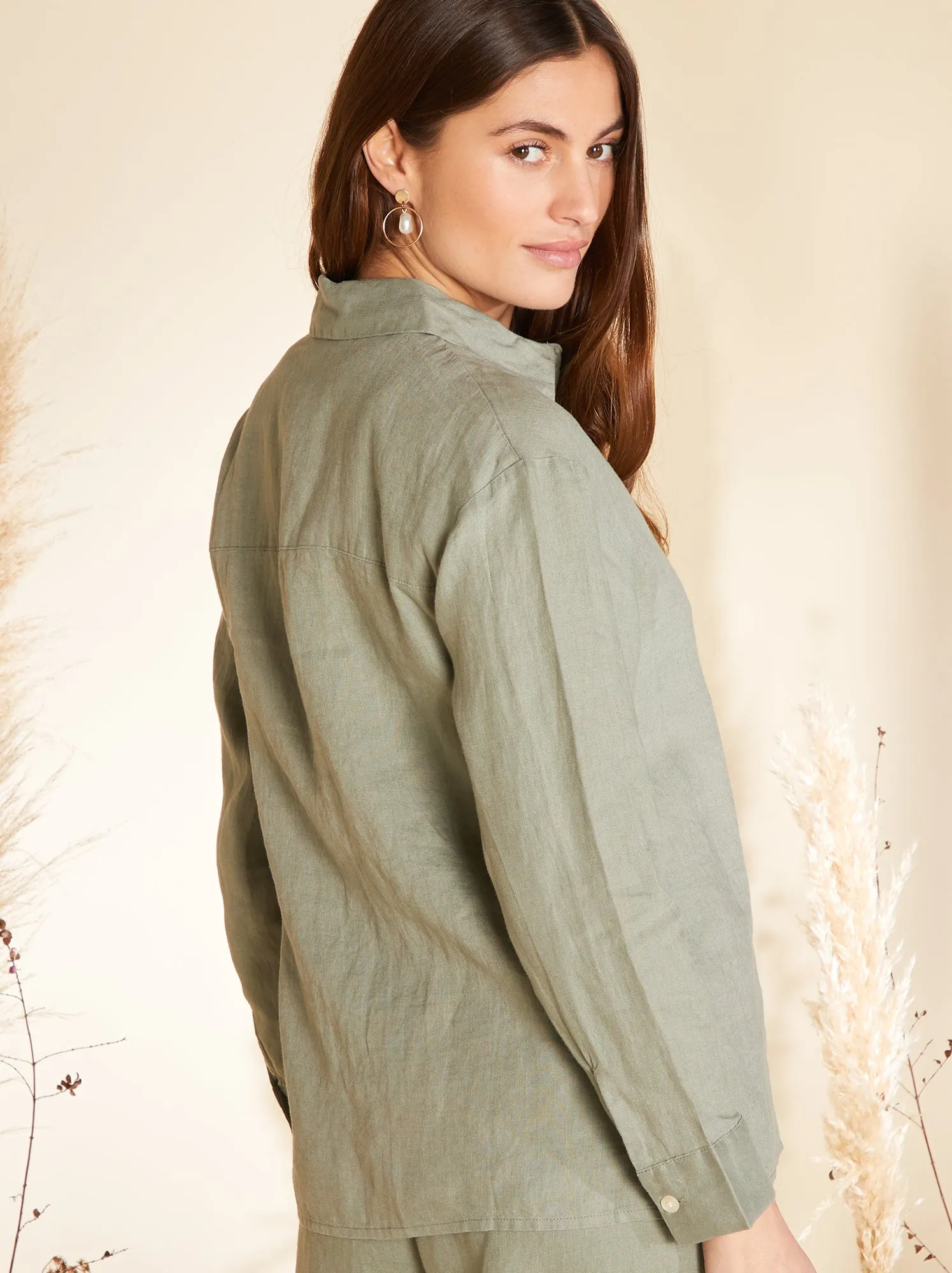 Camicia ampia in lino a maniche lunghe - KAKI