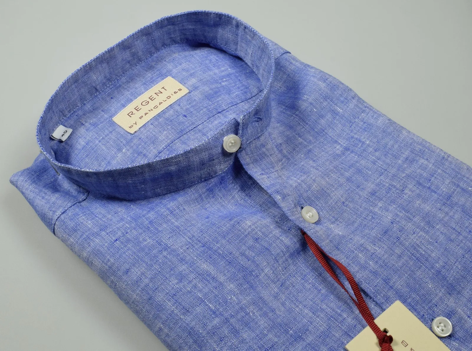 Camicia azzurra in puro lino pancaldi slim fit collo alla coreana
