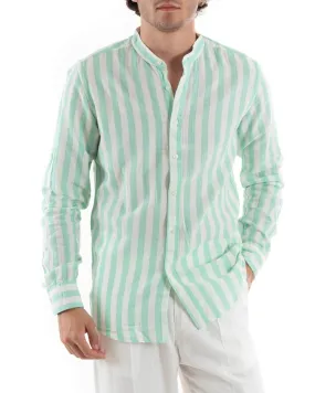 Camicia Uomo Collo Coreano Manica Lunga Lino Rigata Casual Verde Acqua GIOSAL-C2751A