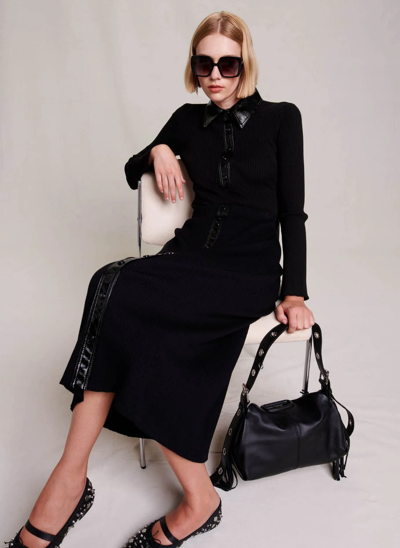  MAJE   MISS M - Borsa a tracolla in pelle liscia | Nero