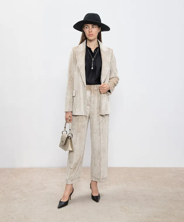 Peserico Pantaloni in velluto beige con revers E0403601595